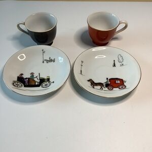 Ucagco Japan Ceramic Cup & Saucer Horse Drawn Carriage Red & Black w/ Gold Rim